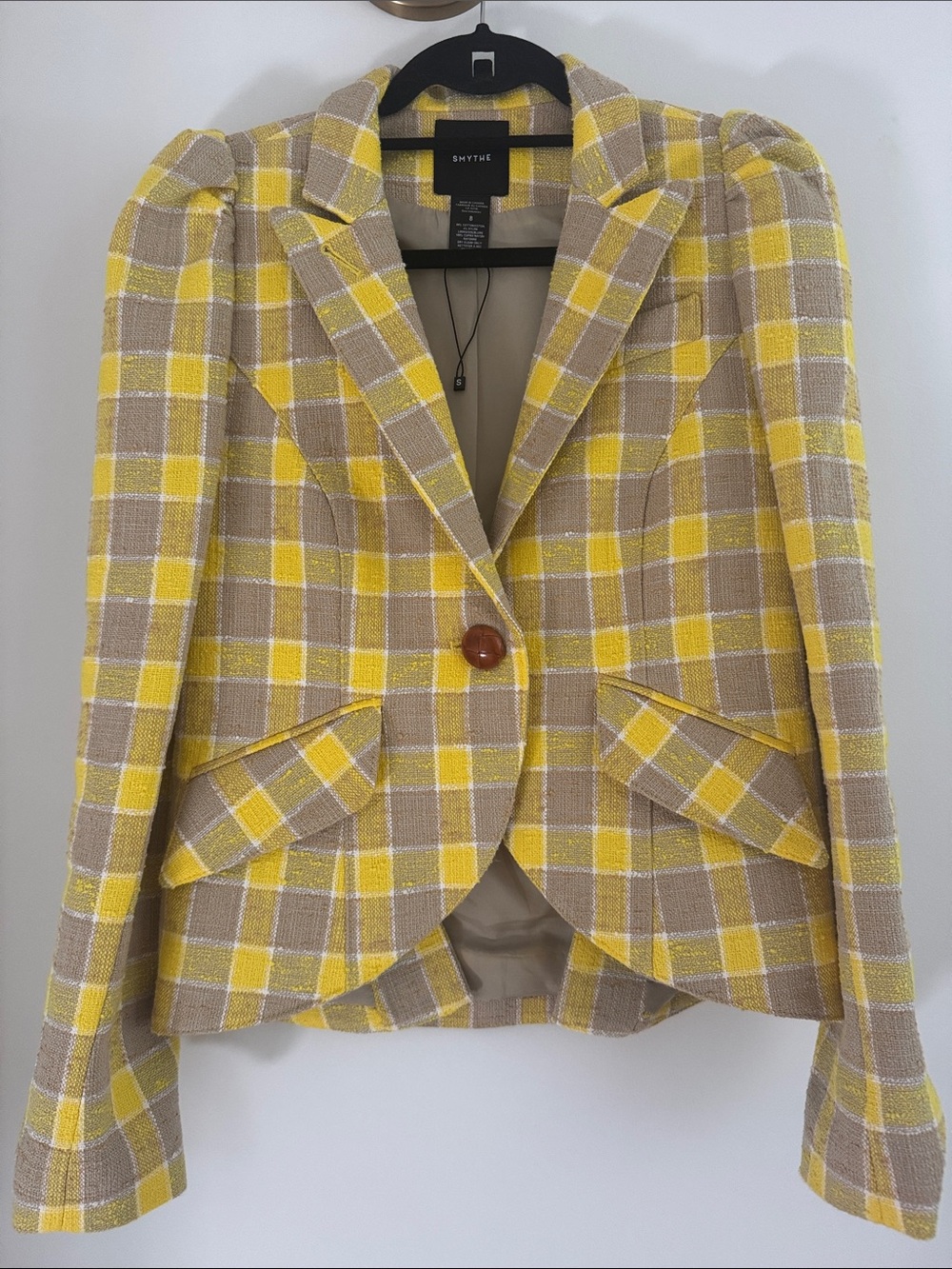 Smythe Yellow Tan Plaid Single-Button Tailored Blazer